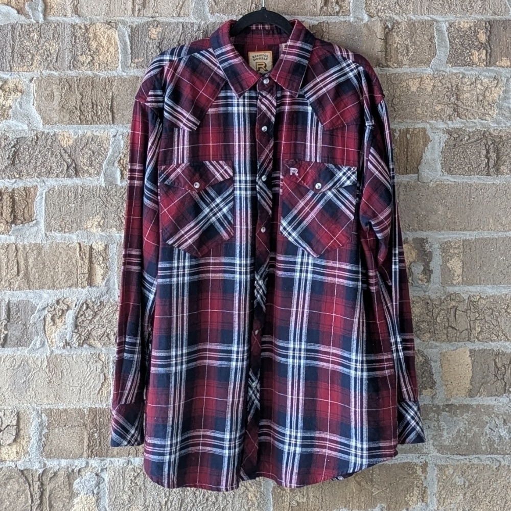 Resistor Double R Western Pearl Snap Long Sleeve Flannel Plaid Shirt Large